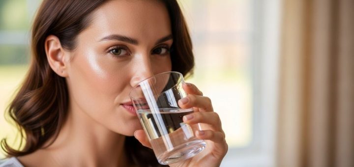 Woman with naturally glowing skin drinking water for hydration and face brightness