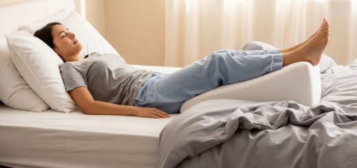 A person resting on a bed with legs elevated on a wedge-shaped elevation pillow to reduce swelling naturally and support circulation improvement