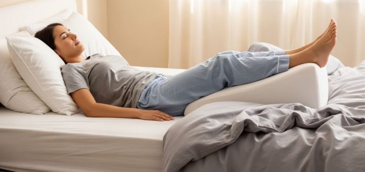 A person resting on a bed with legs elevated on a wedge-shaped elevation pillow to reduce swelling naturally and support circulation improvement