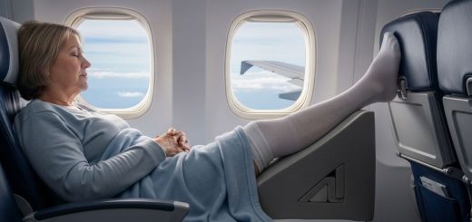 A patient resting in an airplane seat with a wedge pillow supporting their knee after replacement surgery, leg elevated and compression stocking visible