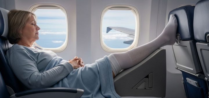 A patient resting in an airplane seat with a wedge pillow supporting their knee after replacement surgery, leg elevated and compression stocking visible