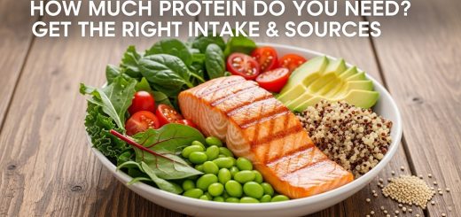 A protein-rich meal bowl featuring salmon and quinoa with the title "How much protein do you need