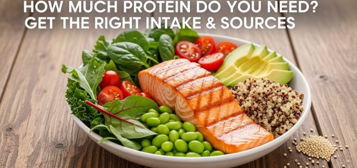 A protein-rich meal bowl featuring salmon and quinoa with the title "How much protein do you need