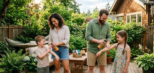 Family applying natural mosquito repellent outdoors in Seattle backyard during summer