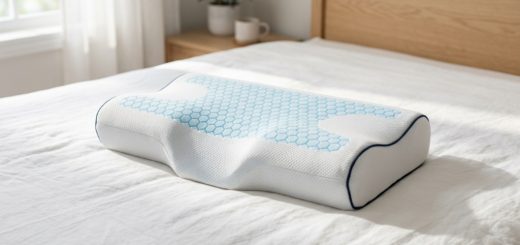 An ergonomic cooling gel pillow resting on a clean white bed.